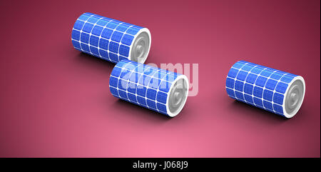 High angle view of 3d solar power battery against red and white background Stock Photo