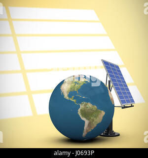 3d illustration of globe with solar panel against white stripes on yellow wall Stock Photo