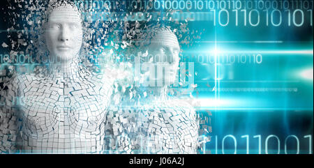 Close-up of pixelated gray 3d man against blue technology design with binary code Stock Photo