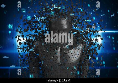 Close-up of black pixelated 3d man against blue technology design with glow Stock Photo