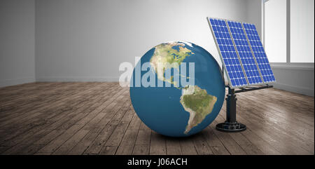 Digitally generated image of 3d globe and solar equipment against empty white room Stock Photo