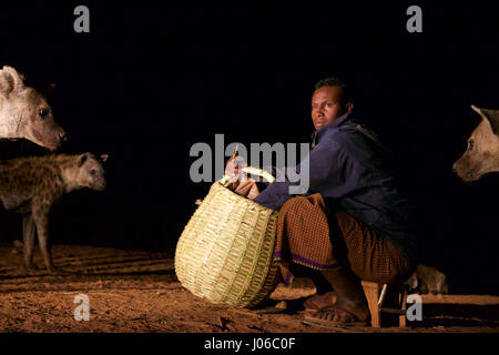 HARAR, ETHIOPIA: New 'Hyena Man' Abbas Saleh preparing food for his hyena friends. MEET the incredible Hyena Man of Harar who is now passing his title onto his son after thirty years of being best friends with a clan of these carnivorous beasts. Pictures show a young heir to the Hyena man title following the centuries-old tradition of protecting his people from possible attack by hyenas by calmly feeding these wild scavengers. He does so completely free from any kind of fear you would associate with being this close to Africa’s most prolific carnivore.  Hyenas have been known to attack and kil Stock Photo