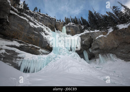 ALBERTA, CANADA: STUNNING images showing women having fun inside sparkling frozen Canadian waterfalls have been revealed by one British expat who lives there. The series of shots show the women sitting directly below giant icicles and walking through what looks like a maze of icicles that touch the frozen ground. Other shots show people taking pictures and admiring the glistening ice formations. One super fun shot shows a woman sliding down an icy slope on her bottom with her arms out wide. The spectacular photographs were taken at Icefields Parkway, near Banff in Alberta, Canada by photograph Stock Photo