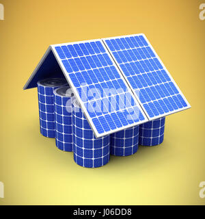 3d image of model house made from solar panels and cells against yellow vignette Stock Photo
