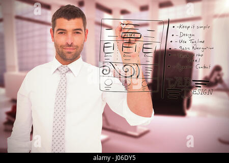 Confident male executive writing with marker against computer generated image of workplace Stock Photo