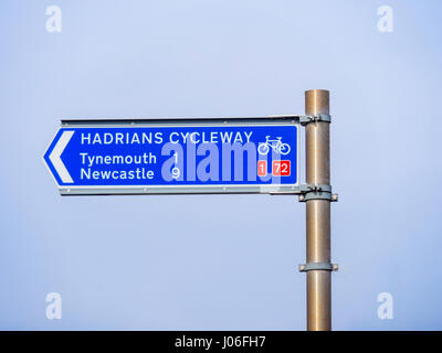 Signpost for the Hadrians Cycleway at the entrance to the ferry from South Shields across the river Tyne, routes 1 and 72 to Tynemouth and Newcastle Stock Photo