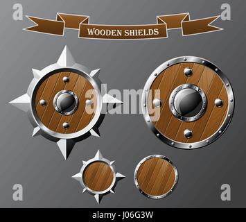 Set of realistic wooden shields Stock Vector