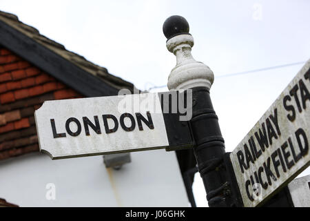 Directions to London on a road sign in Balcombe, East Sussex, UK. Stock Photo