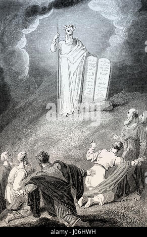 Moses showing the Tables of the Law with the Ten Commandments, Book of Exodus, Old Testament, Hebrew Tanakh Stock Photo
