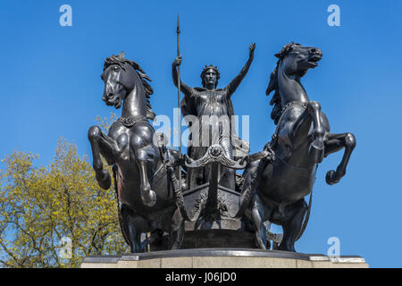 Boadicea and Her Daughters is a bronze sculpture near Westminster Bridge in central London. Stock Photo
