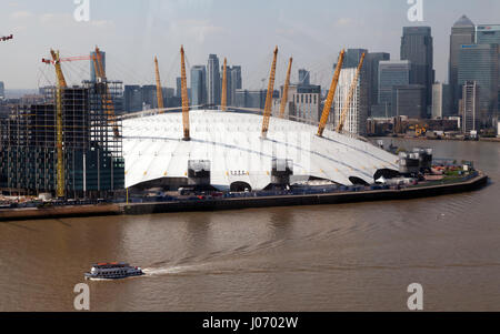 Aerial View  of the 02 Arena  on the Greenwich Peninsular, taken from the Emirates Air Line Cable Car Stock Photo