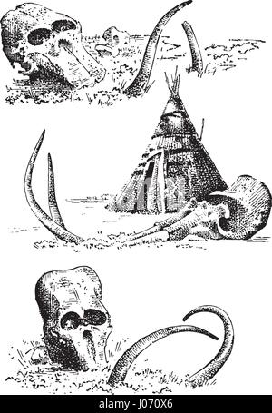 Stone age vector Caveman or troglodyte illustration, mammoth skeleton and skull. prehistoric aged hand drawn or engraved illustration, ancient period concept Stock Vector