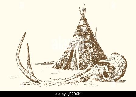 Stone age vector Caveman or troglodyte illustration, mammoth skeleton and skull. prehistoric aged hand drawn or engraved illustration, ancient period concept Stock Vector