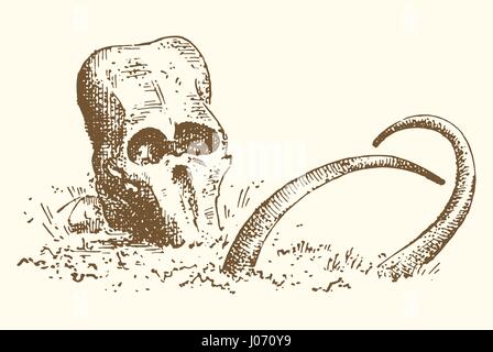 Stone age vector Caveman or troglodyte illustration, mammoth skeleton and skull. prehistoric aged hand drawn or engraved illustration, ancient period concept Stock Vector