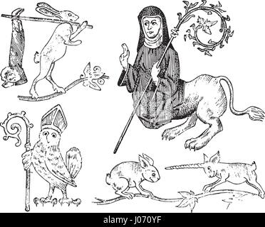 medieval element, decorative hand drawn illustration with old symbols of middle age, gothical ornament piece, engraved chimera , rabbit, owl and fantastic animals Stock Vector