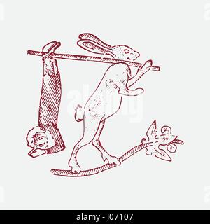 medieval element, decorative hand drawn illustration with old symbols of middle age, gothical ornament piece, engraved chimera rabbit with man on hands Stock Vector