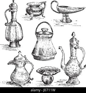 Ancient cooper vases, jug set , greek or arabic looking. hand drawn, engravded old sketch illustration with dishes collection Stock Vector