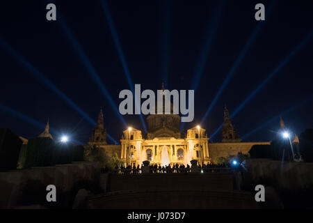 The Palau Nacional lit up during The Magic Fountain of Montjuic, Barcelona Spain Europe EU Stock Photo