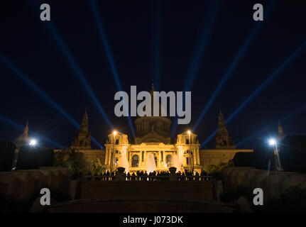 The Palau Nacional lit up during The Magic Fountain of Montjuic, Barcelona Spain Europe EU Stock Photo