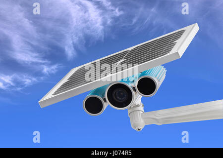 Surveillance Camera with Solar Power, blue sky as background Stock Photo