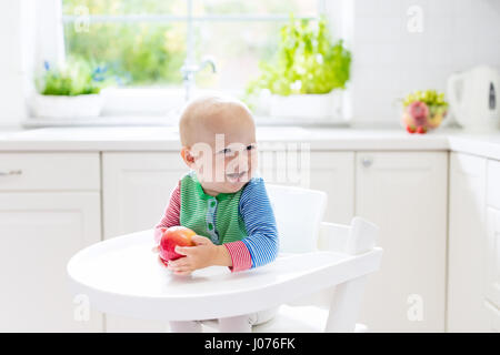 Baby eating fruit. Little boy biting apple sitting in white high chair in sunny kitchen with window and sink. Healthy nutrition for kids. Solid food f Stock Photo