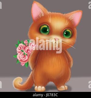 Cute Smiling Furry Kitten Holding Flowers as Present for Loved One - Green-Eyed Hand-Drawn Cartoon Animal Character Stock Photo