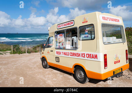 A Kellys ice cream van near the beach at Constantine bay in Cornwall, England, UK. Stock Photo