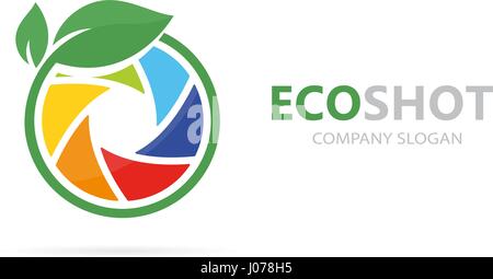 Vector of a camera shutter and leaf logo combination. Photography and eco symbol or icon. Unique photo and natural, organic logotype design template. Stock Vector