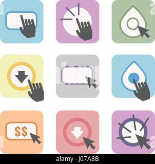 Call to Action Icon Graphics with Buttons, Clicking Hand and Pointers, & Dollar Signs Stock Vector