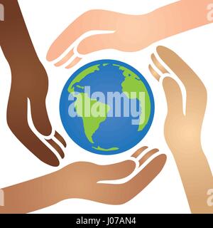 Peace Icon w/ Diverse African American, White, Latino, and Asian Hands Cradling the World Stock Vector