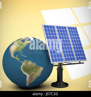 3d image of globe with solar equipment against white squares on yellow background Stock Photo
