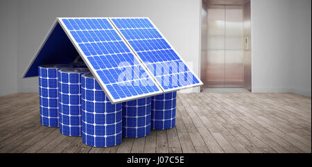 3d image of model home made from solar cells and panels against room with elevator Stock Photo