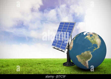 Digitally composite image of 3d globe with solar panel against blue sky over green field Stock Photo