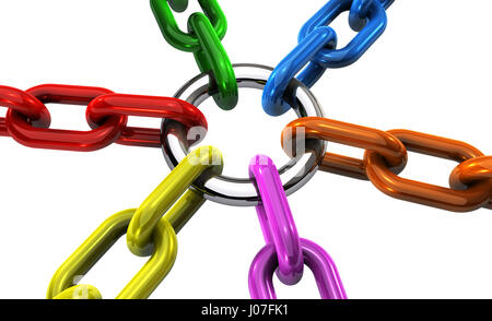 Business teamwork cooperation and collaboration concept with linked and joined chains in different colors 3D illustration on white background. Stock Photo