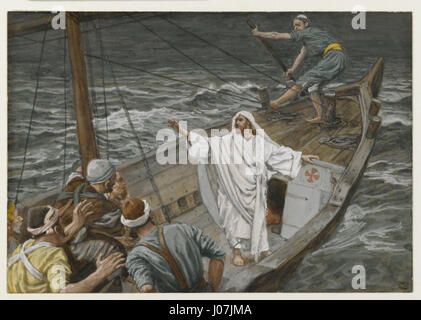 A biblical scene depicting Jesus calming a storm on the Sea of Galilee ...