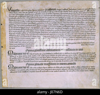 Johannes Gutenberg's indulgence letter from 1455, printed in Mainz, was issued to fund an expedition against the Turks and the defense of Cyprus. It represents the early use of printing technology in the 15th century. Stock Photo