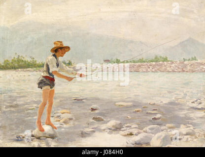 Carl Ernst von Stetten's painting 'Jeune pêcheur … la ligne' portrays a young fisherman, his focus on the fishing line capturing a quiet moment of rural life. The piece emphasizes a tranquil, outdoor setting, with the young figure immersed in the peaceful activity of fishing. Stock Photo