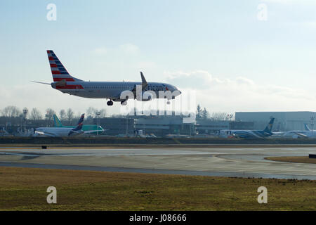 EVERETT, WASHINGTON, USA - JAN 26th, 2017: A brand new American Airlines Boeing 737-800 Next Gen MSN 31258, Registration N309PC returns from a successful test flight, landing at Snohomish County Airport or Paine Field Stock Photo