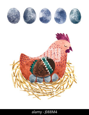 Watercolor hand drawn hen with nest and eggs. Isolated on white watercolor easter eggs and hen with nest for textile, fabric and wallpaper. Stock Photo