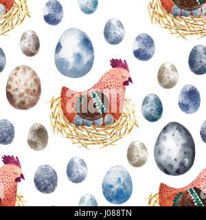 Seamless pattern with hand drawn eggs and birds. Isolated on white watercolor easter eggs and other elements for textile, fabric and wallpaper. Easter Stock Photo