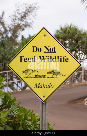 Do Not Feed Wildlife, Mahalo, sign, Kilauea Point National Wildlife Refuge, Kauai, Hawaii, USA Stock Photo