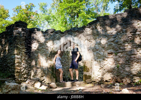 Beautiful young couple in old ruins of Sostyn castle, near Koprivnice. Beautiful Czech landscape Stock Photo
