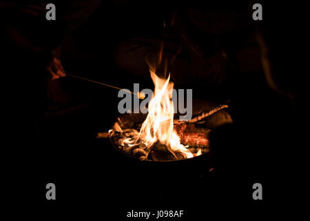 Toasting sweets on sticks around a fire while away camping Stock Photo