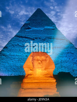 The Sphinx and Pyramid floodlit at night Giza Cairo Egypt Stock Photo ...