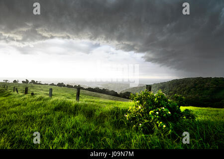 Stormy weather with black clouds over Kiama, seen from Saddleback Mountain, Illawarra Coast, New South Wales, NSW, Australia Stock Photo