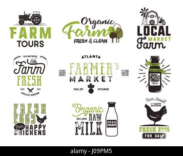 Farmer s Market, organic food, milk and eggs badges set. Fresh and Local product logo designs. Typographic eco farm insignia in black and green style. Isolated on white background. Vector patches Stock Vector