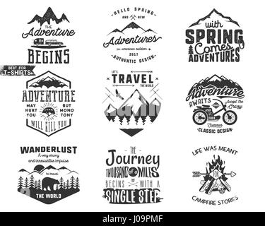 Spring adventure and mountain explorer typography labels set. Outdoors activity inspirational insignias. Silhouette hipster style. Best for t shirts, mugs. Vector patches isolated on white background Stock Vector