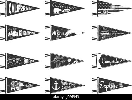 Hand drawn adventure pennants and flags set. Vintage rustic style labels isolated on white. Monochrome grunge and ripped badges. Stock Vector