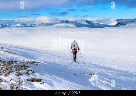 Ski-tourers skiing the Troms Border Trail, a long distance route in mountains of Northern Norway and Sweden Stock Photo