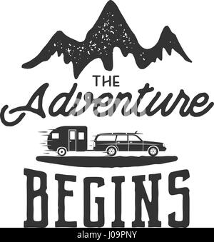 Vintage adventure Hand drawn label design. The Adventure Begins sign and outdoor activity symbols - mountains, rv trailer. Monochrome. Isolated on white background. Vector letterpress effect Stock Vector